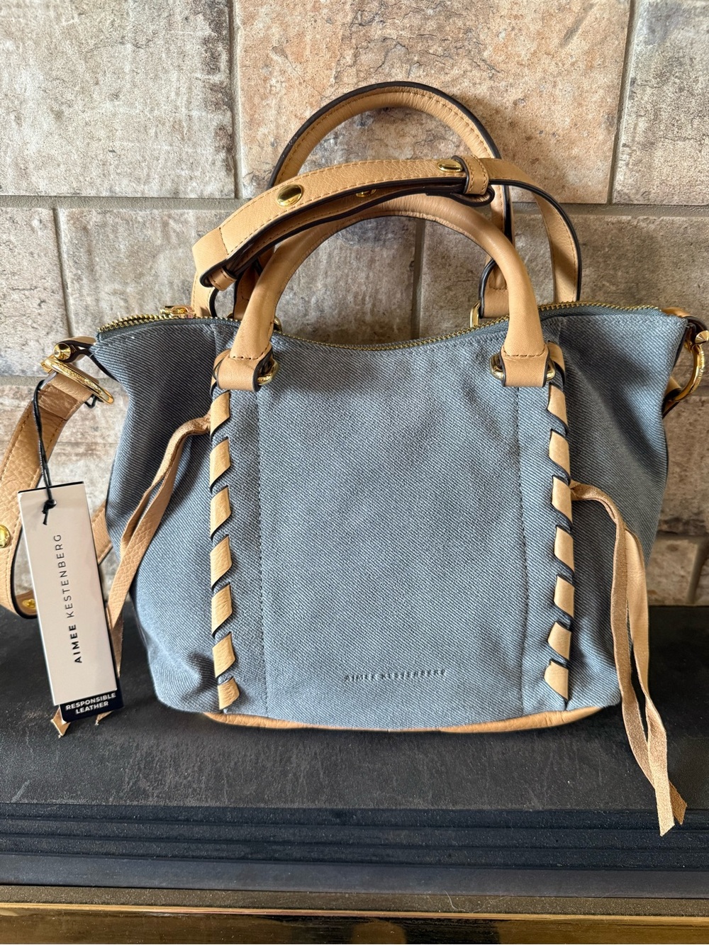 Aimee Kestenberg Blue Denim Canvas Shoulder Bag with Tan Leather Trim
